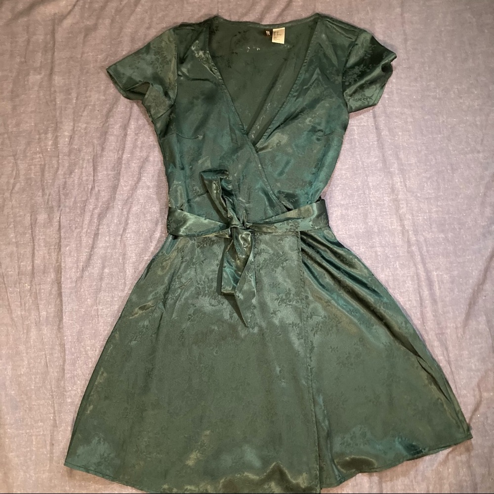 Teal H&M silk wrap floral dress XS